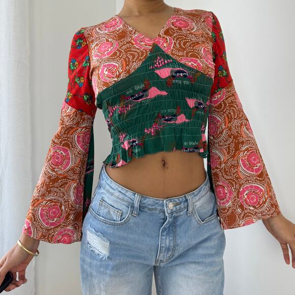 Vintage 90s Patchwork Boho Bell Sleeve Top (S/M) - Picture 1 of 7